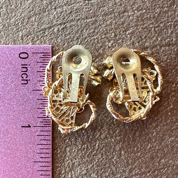 Vintage Pink & Gold Clip-On Earrings Rhinestone & Enamel Floral Made In Austria - Picture 7 of 10